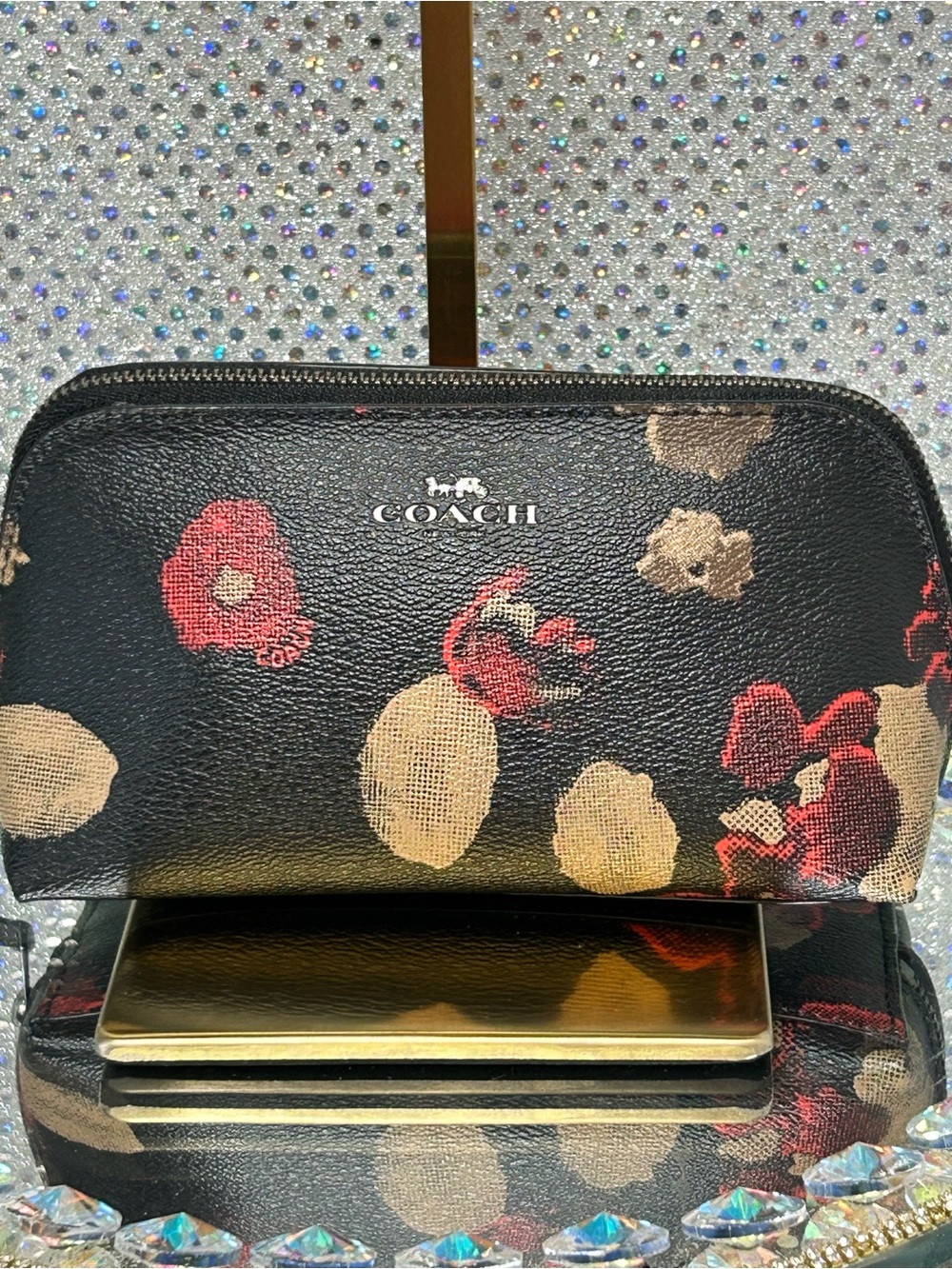 Coach Black Floral Leather Zip Wallet with Red and Beige Accents 7.5 x 4 x 2